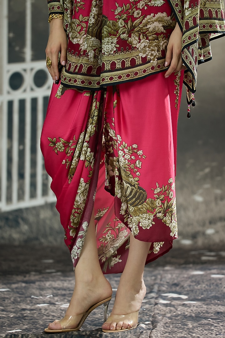 Fuchsia Modal Satin Printed Draped Skirt by Rajdeep Ranawat at Pernia's Pop Up Shop