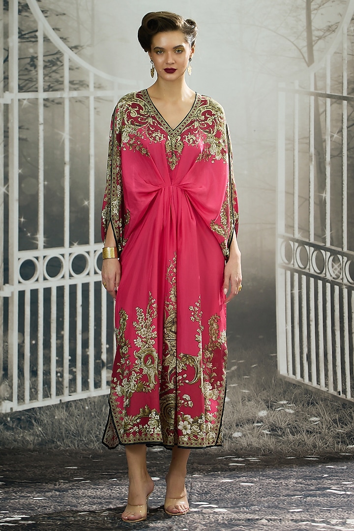 Fuchsia Silk Printed Kaftan by Rajdeep Ranawat at Pernia's Pop Up Shop