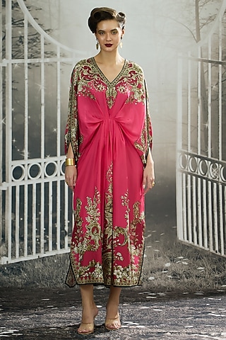 Fuchsia Silk Printed Kaftan by Rajdeep Ranawat
