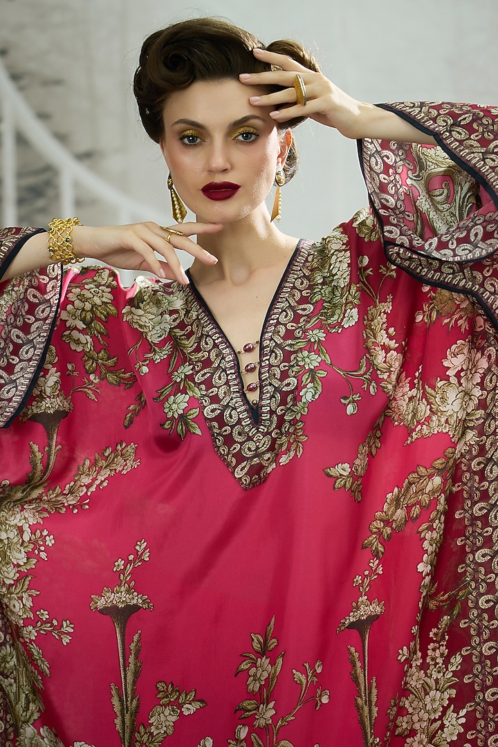Fuchsia Silk Printed Kaftan by Rajdeep Ranawat at Pernia's Pop Up Shop