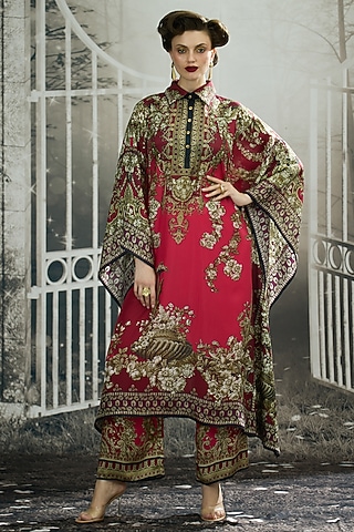 Fuchsia Silk Printed Kaftan by Rajdeep Ranawat
