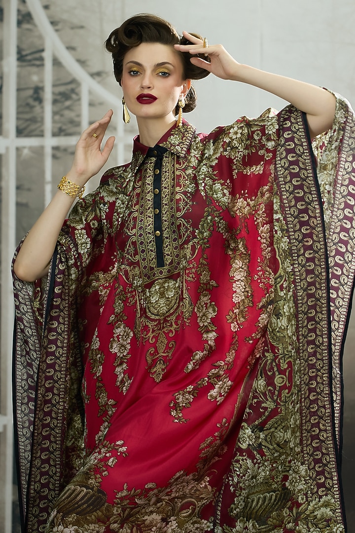 Fuchsia Silk Printed Kaftan by Rajdeep Ranawat at Pernia's Pop Up Shop