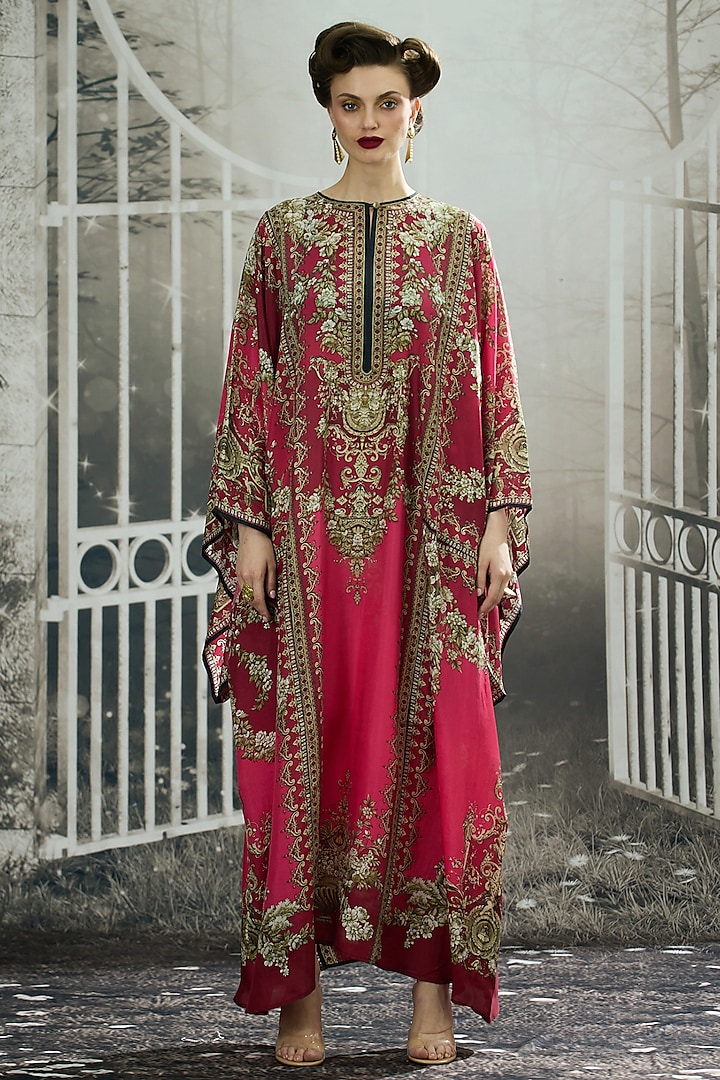 Fuchsia Silk Printed Kaftan by Rajdeep Ranawat at Pernia's Pop Up Shop