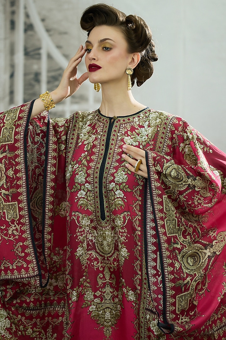 Fuchsia Silk Printed Kaftan by Rajdeep Ranawat at Pernia's Pop Up Shop