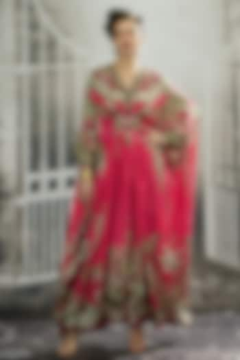 Fuchsia Silk Printed Kaftan by Rajdeep Ranawat at Pernia's Pop Up Shop