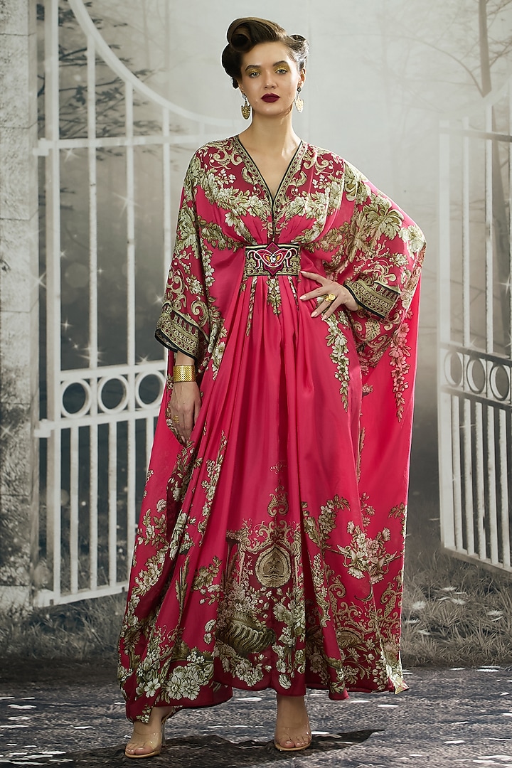 Fuchsia Silk Printed Kaftan by Rajdeep Ranawat at Pernia's Pop Up Shop