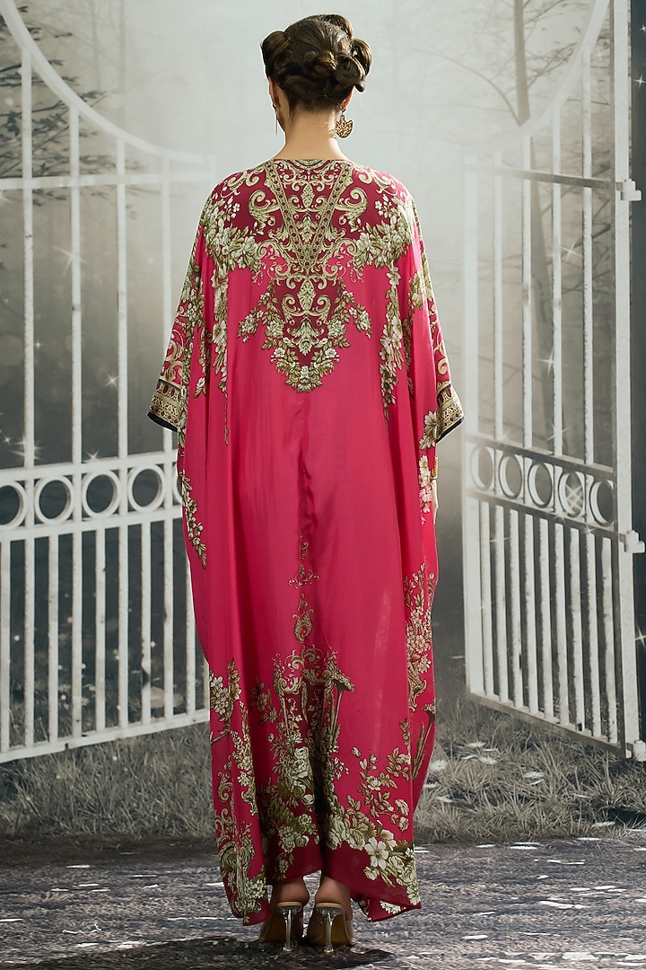 Fuchsia Silk Printed Kaftan by Rajdeep Ranawat at Pernia's Pop Up Shop