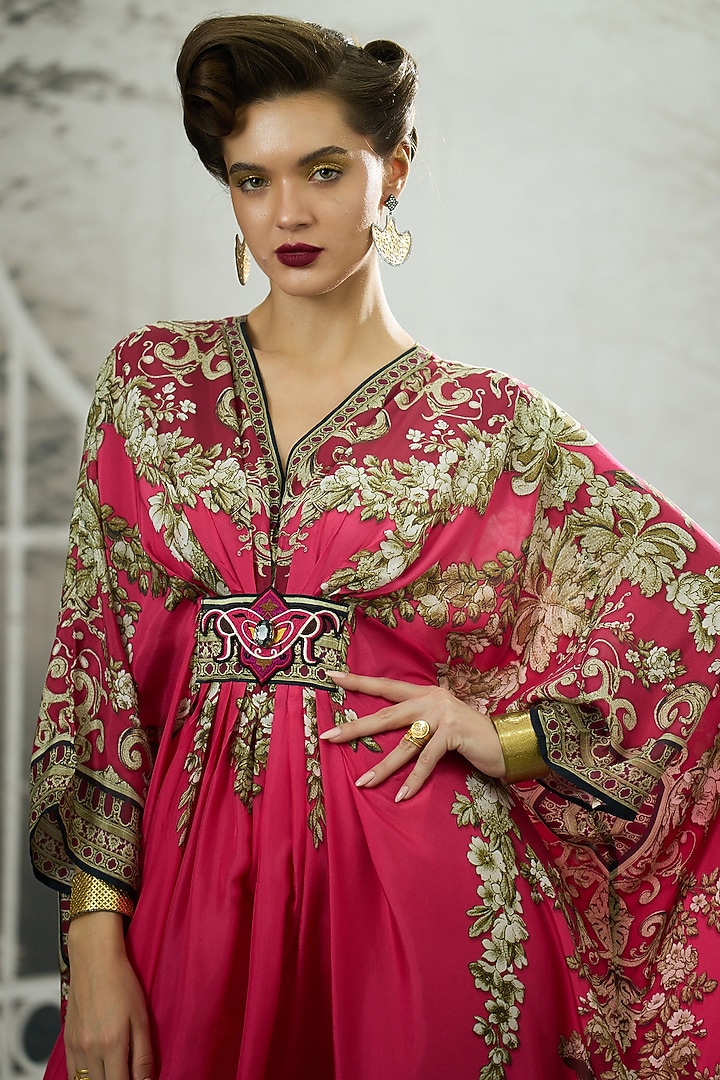 Fuchsia Silk Printed Kaftan by Rajdeep Ranawat at Pernia's Pop Up Shop