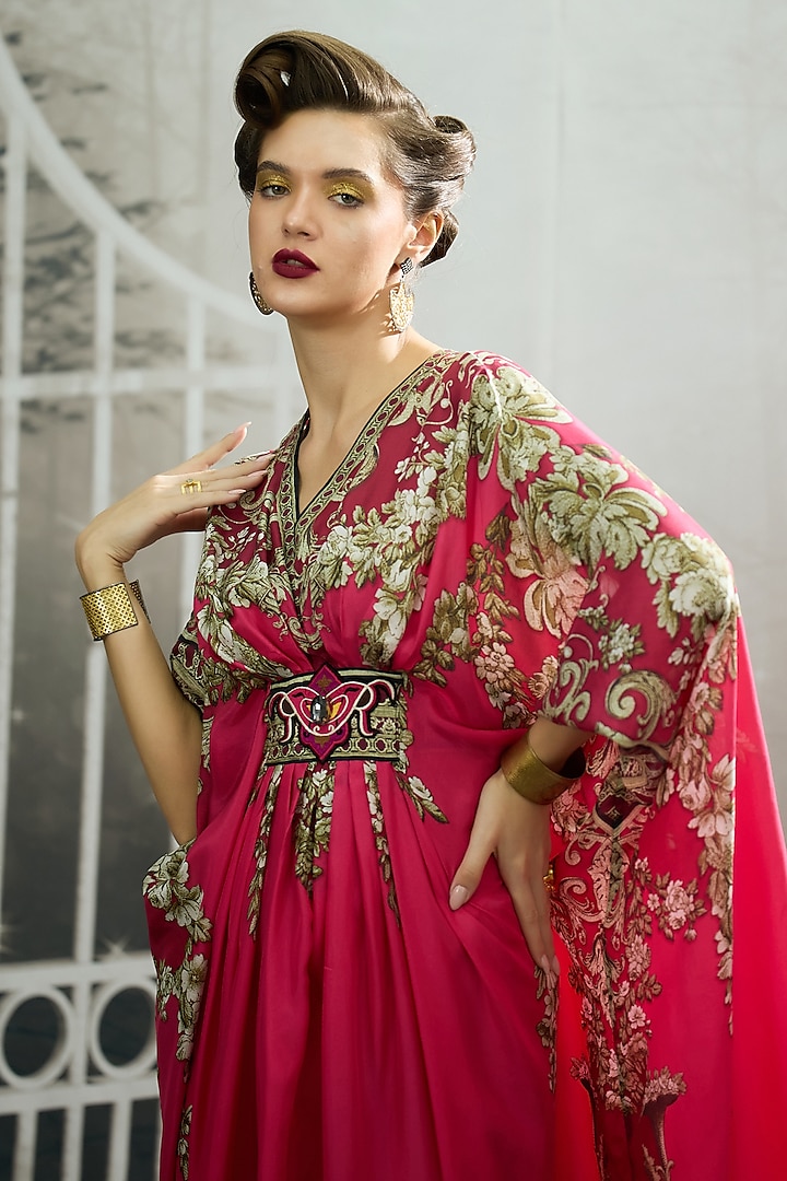 Fuchsia Silk Printed Kaftan by Rajdeep Ranawat at Pernia's Pop Up Shop