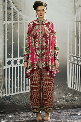 Fuchsia Modal Satin Printed Pants by Rajdeep Ranawat