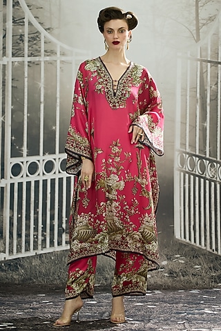 Fuchsia Modal Satin Printed Pants by Rajdeep Ranawat
