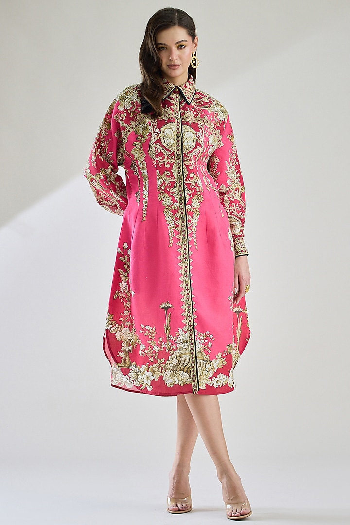 Fuchsia Cotton Linen Printed Shirt by Rajdeep Ranawat at Pernia's Pop Up Shop