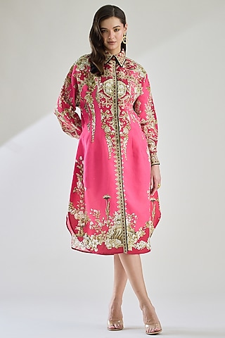 Fuchsia Cotton Linen Printed Shirt by Rajdeep Ranawat