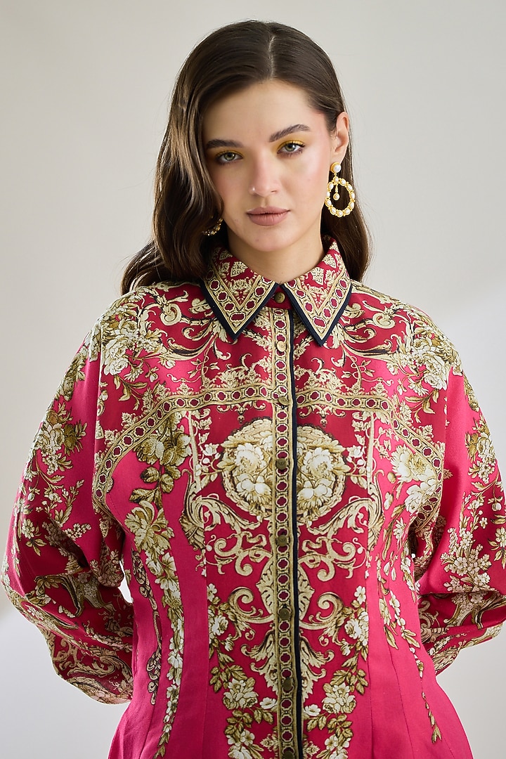 Fuchsia Cotton Linen Printed Shirt by Rajdeep Ranawat at Pernia's Pop Up Shop