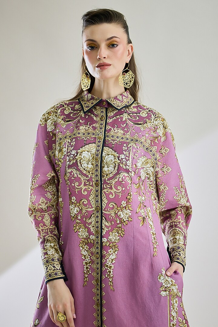 Lavender Cotton Linen Printed Shirt by Rajdeep Ranawat at Pernia's Pop Up Shop