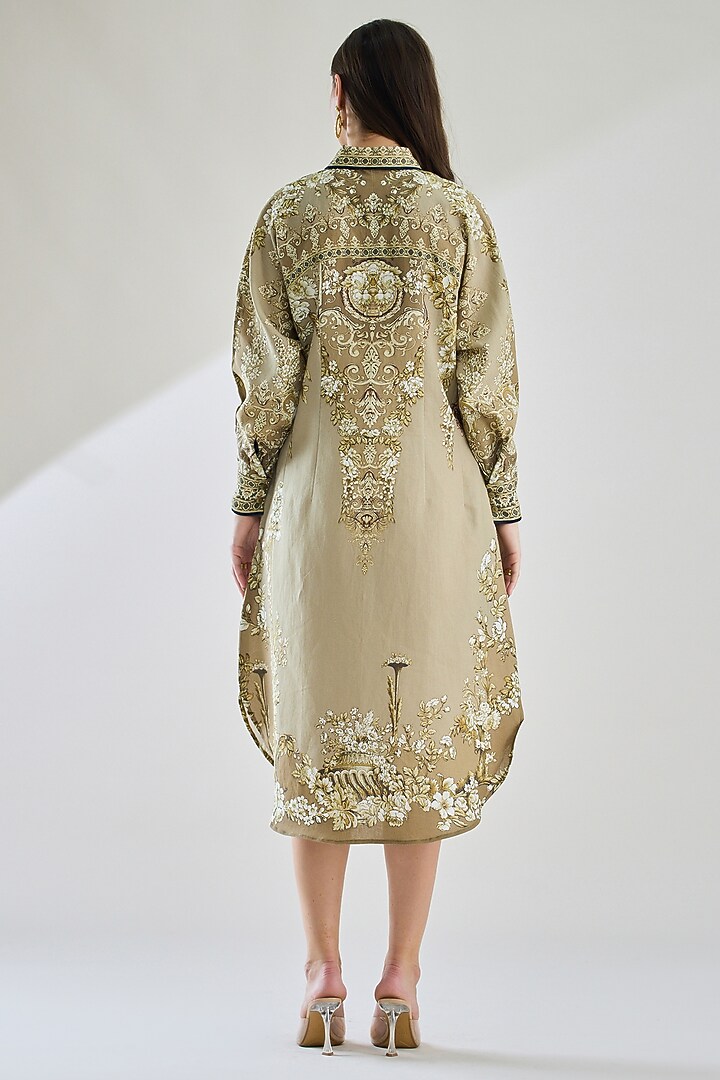 Taupe Cotton Linen Printed Shirt by Rajdeep Ranawat at Pernia's Pop Up Shop