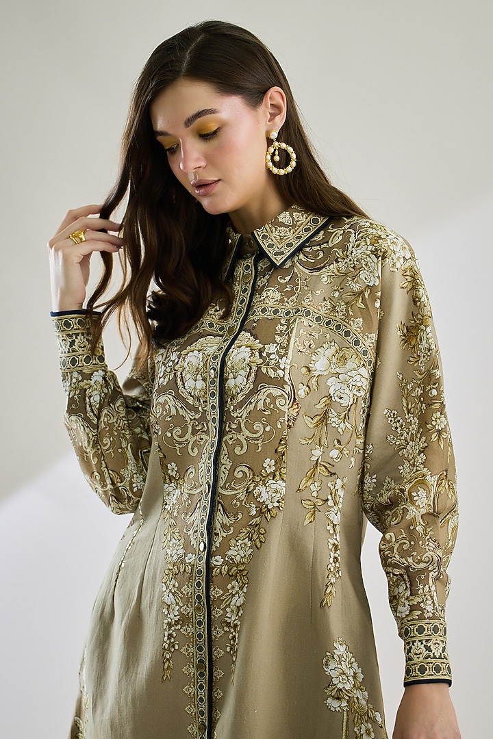 Taupe Cotton Linen Printed Shirt by Rajdeep Ranawat at Pernia's Pop Up Shop