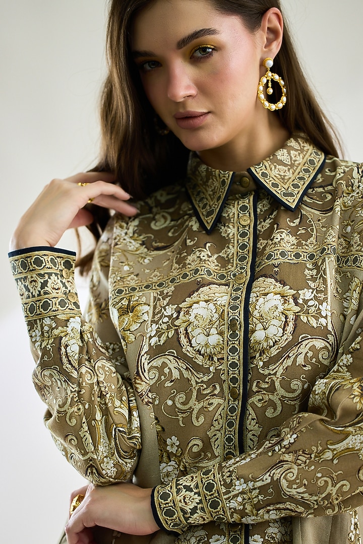 Taupe Cotton Linen Printed Shirt by Rajdeep Ranawat at Pernia's Pop Up Shop