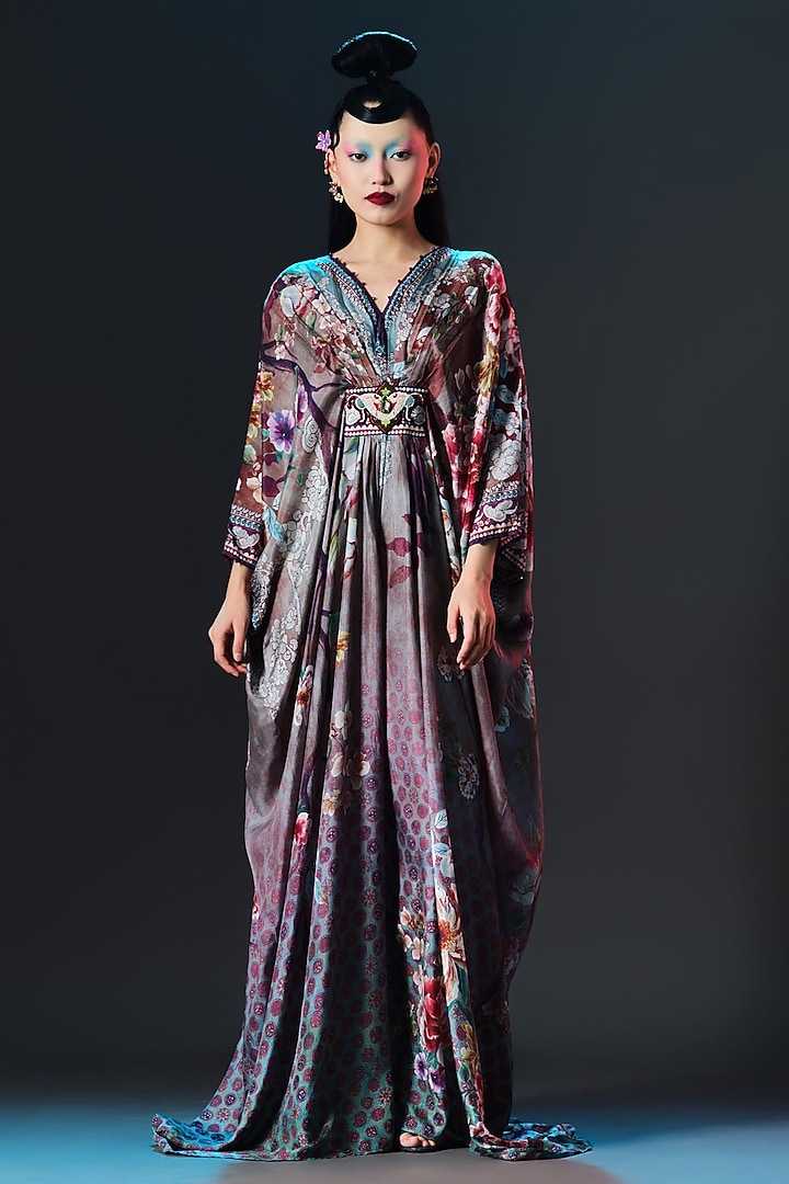 Taupe & Multi-colored Silk Printed Boxy Kaftan by Rajdeep Ranawat at Pernia's Pop Up Shop