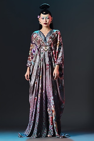 Taupe & Multi-colored Silk Printed Boxy Kaftan by Rajdeep Ranawat
