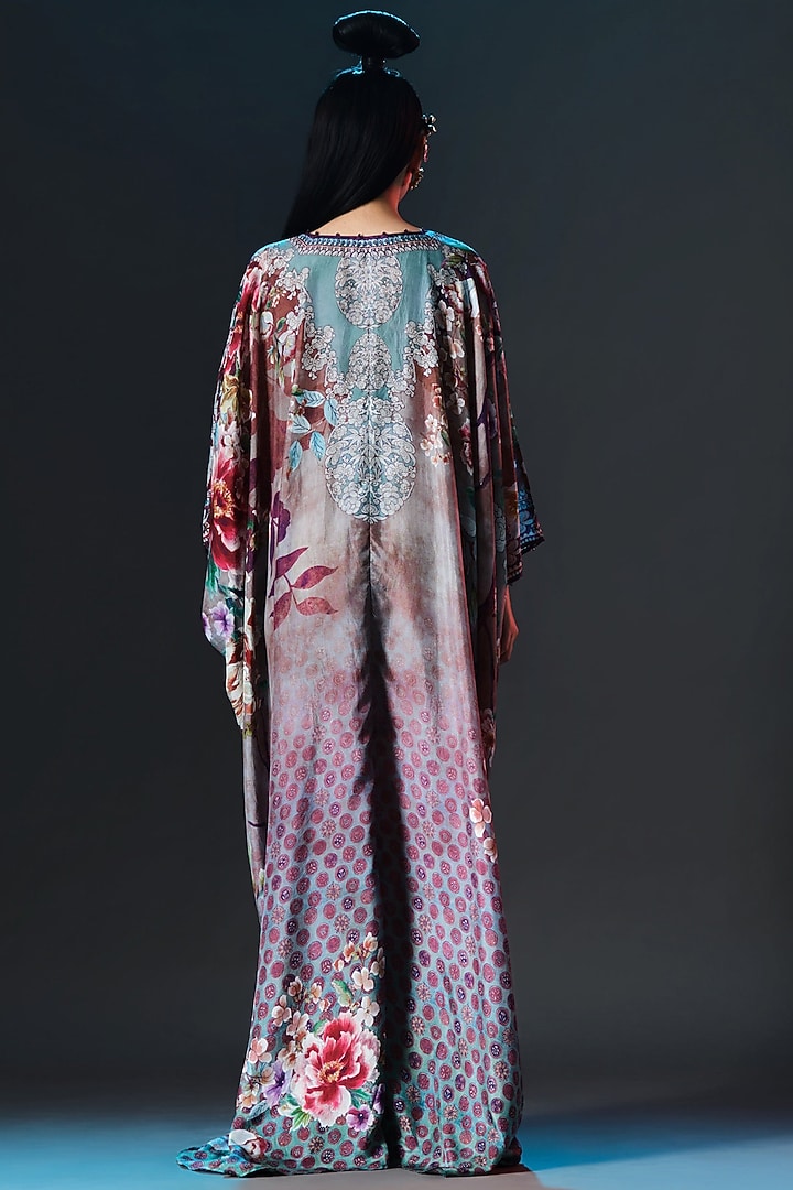 Taupe & Multi-colored Silk Printed Boxy Kaftan by Rajdeep Ranawat at Pernia's Pop Up Shop