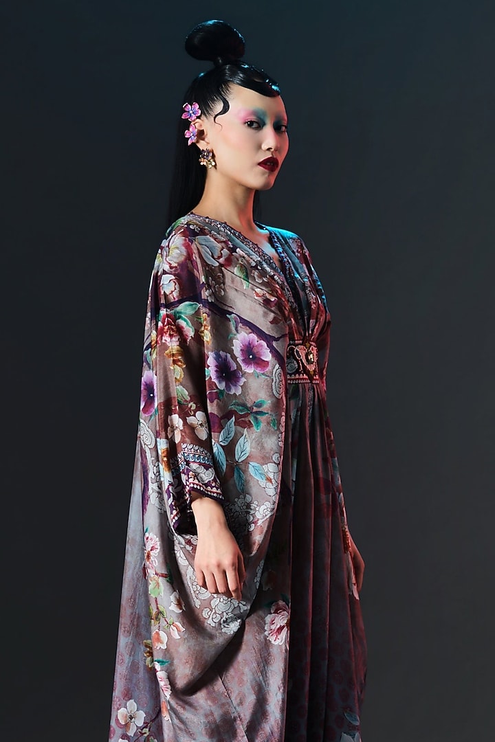 Taupe & Multi-colored Silk Printed Boxy Kaftan by Rajdeep Ranawat at Pernia's Pop Up Shop