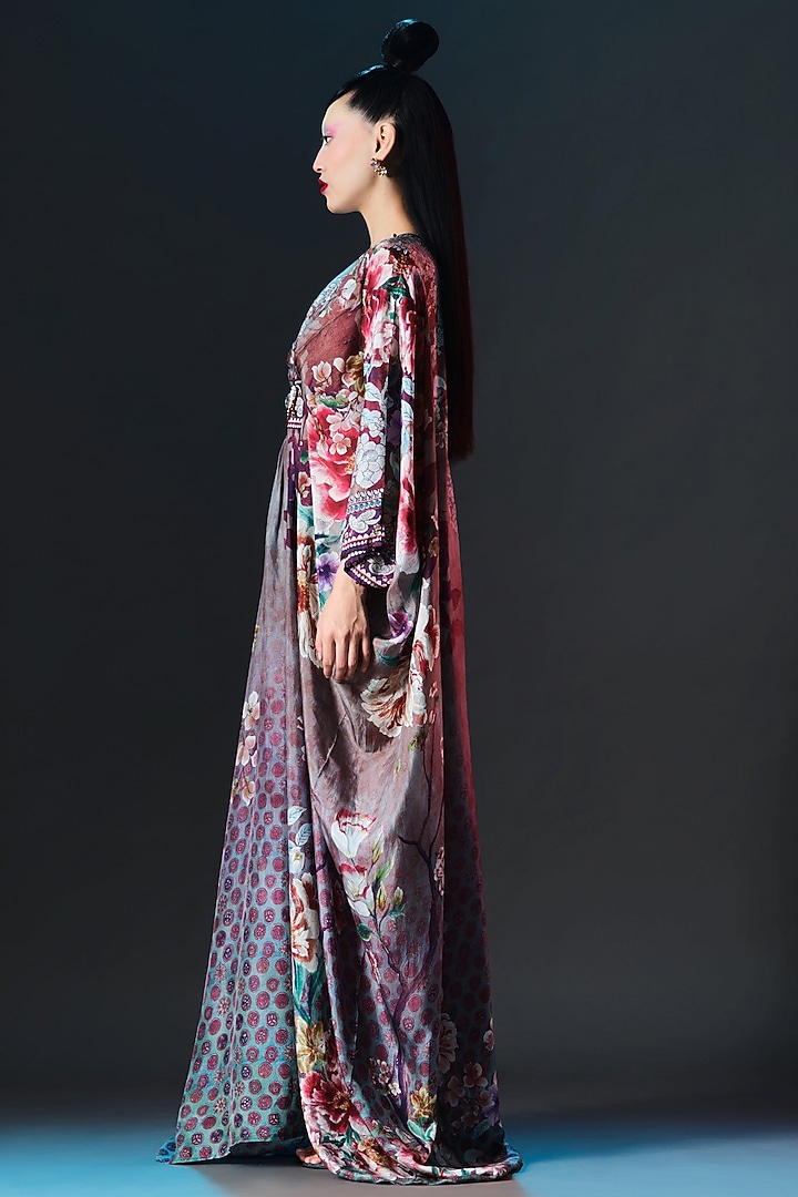 Taupe & Multi-colored Silk Printed Boxy Kaftan by Rajdeep Ranawat at Pernia's Pop Up Shop