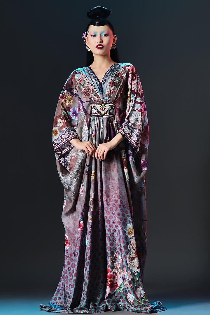 Taupe & Multi-colored Silk Printed Boxy Kaftan by Rajdeep Ranawat at Pernia's Pop Up Shop
