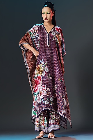 Multi-Colored Silk Printed Kaftan Set by Rajdeep Ranawat