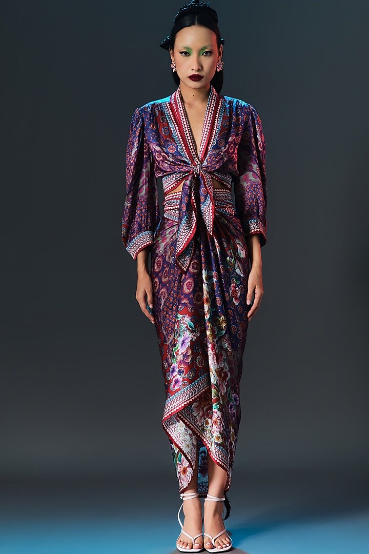 Multi-Colored Modal Satin Printed Draped Skirt Set by Rajdeep Ranawat at Pernia's Pop Up Shop