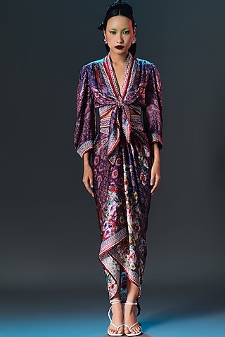 Multi-Colored Modal Satin Printed Draped Skirt Set by Rajdeep Ranawat