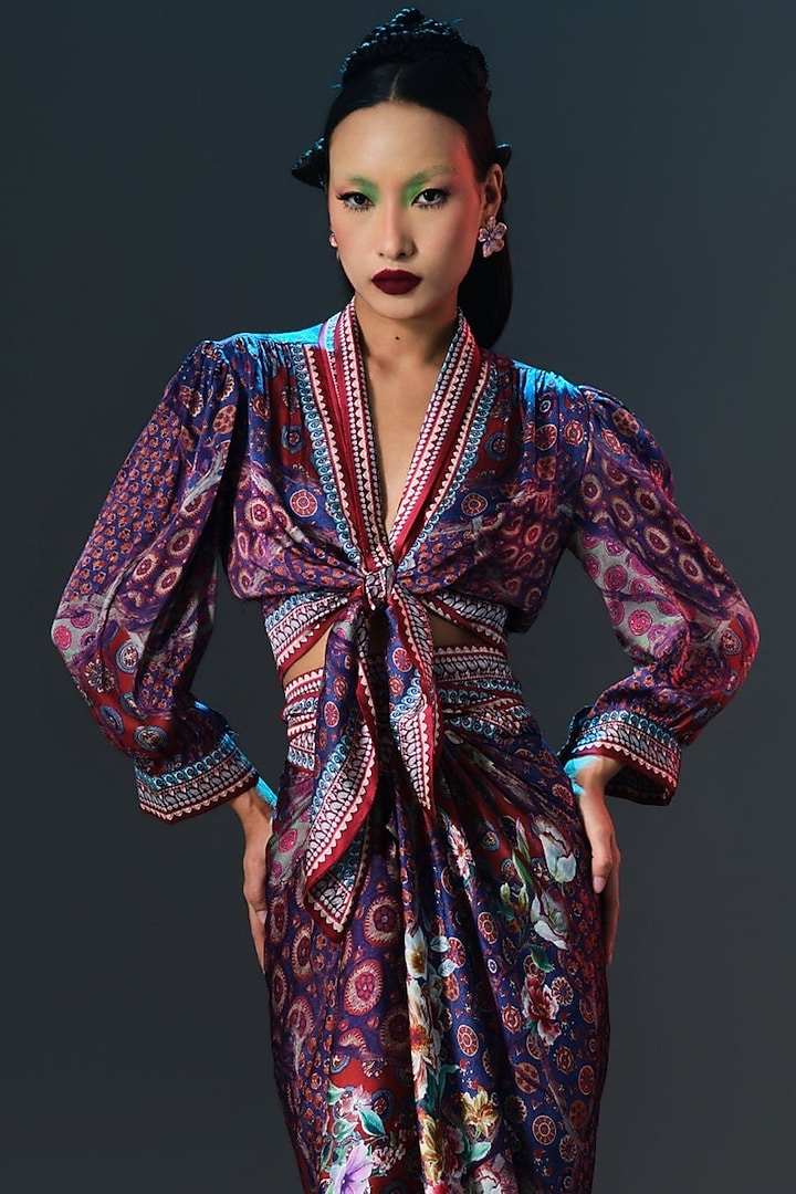 Multi-Colored Modal Satin Printed Draped Skirt Set by Rajdeep Ranawat at Pernia's Pop Up Shop