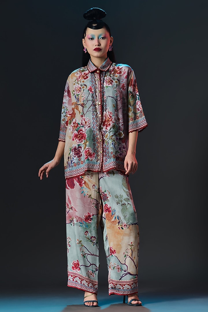 Beige & Sage Silk Printed Palazzo Set by Rajdeep Ranawat at Pernia's Pop Up Shop