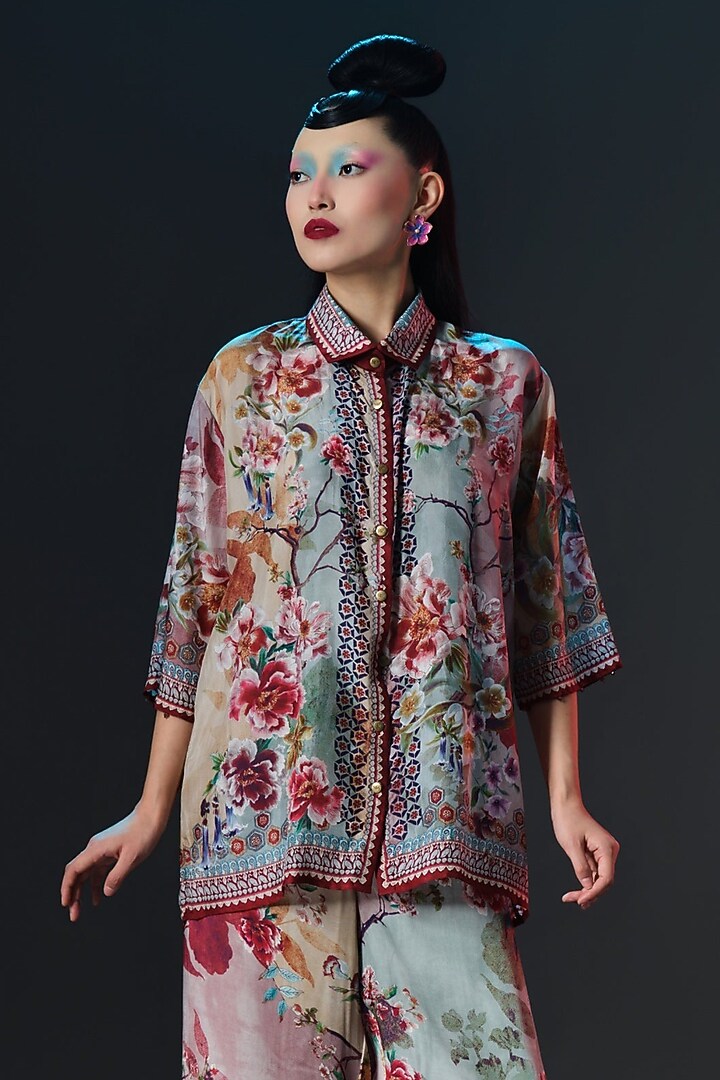 Beige & Sage Silk Printed Palazzo Set by Rajdeep Ranawat at Pernia's Pop Up Shop