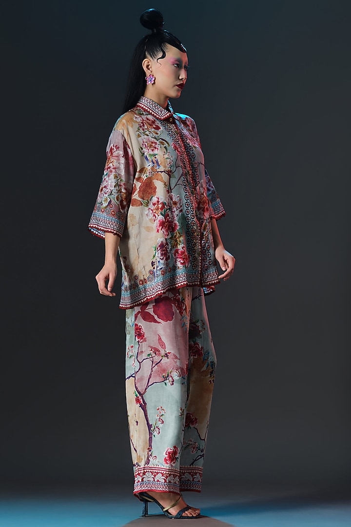 Beige & Sage Silk Printed Palazzo Set by Rajdeep Ranawat at Pernia's Pop Up Shop