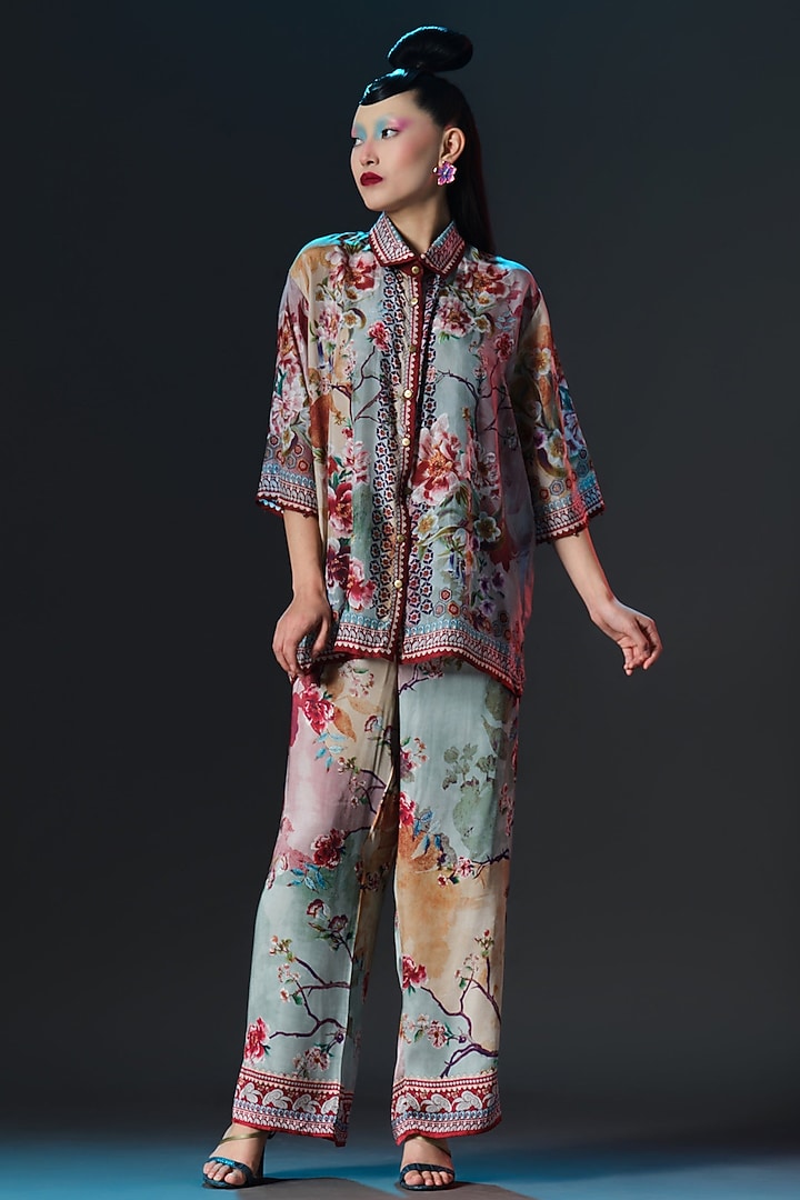 Beige & Sage Silk Printed Palazzo Set by Rajdeep Ranawat at Pernia's Pop Up Shop