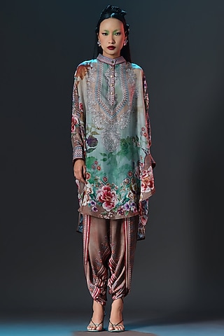 Caramel Silk Printed Tunic Set by Rajdeep Ranawat
