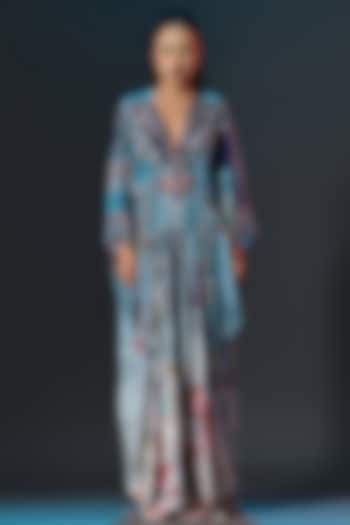 Slate Blue Silk Printed Kaftan by Rajdeep Ranawat at Pernia's Pop Up Shop