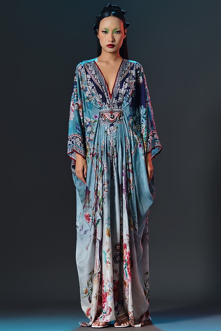 Slate Blue Silk Printed Kaftan by Rajdeep Ranawat at Pernia's Pop Up Shop