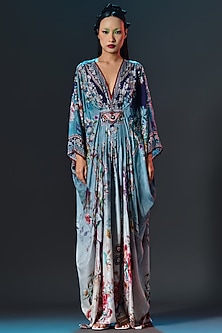 Slate Blue Silk Printed Kaftan by Rajdeep Ranawat-POPULAR PRODUCTS AT STORE