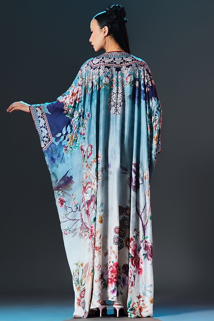 Slate Blue Silk Printed Kaftan by Rajdeep Ranawat at Pernia's Pop Up Shop