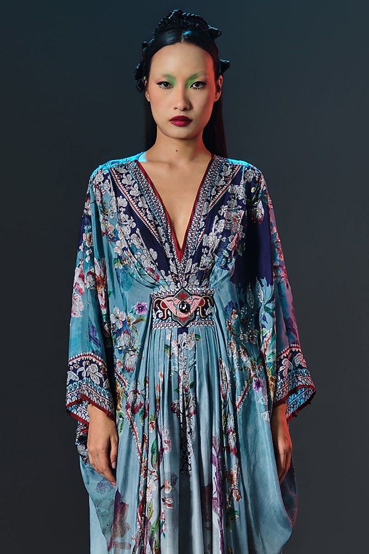 Slate Blue Silk Printed Kaftan by Rajdeep Ranawat at Pernia's Pop Up Shop