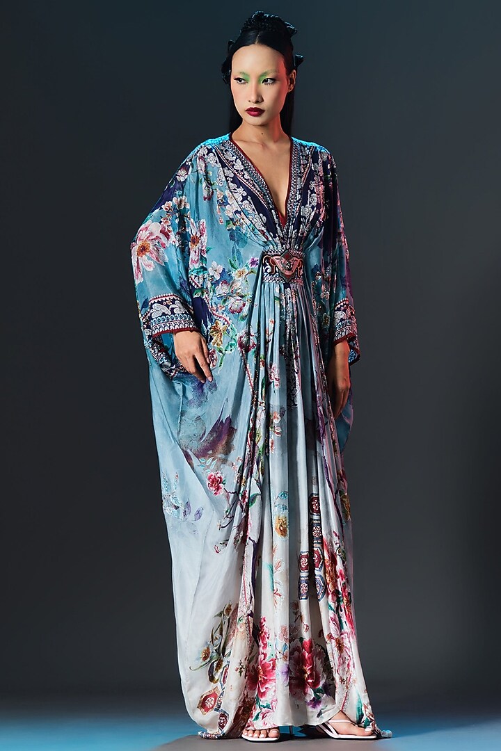 Slate Blue Silk Printed Kaftan by Rajdeep Ranawat at Pernia's Pop Up Shop