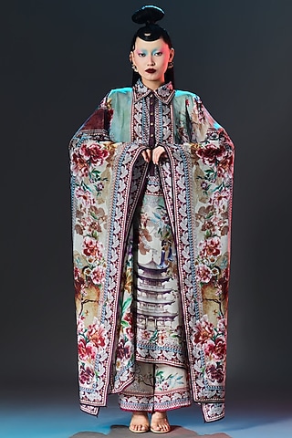 Beige Silk Printed Boxy Kaftan by Rajdeep Ranawat