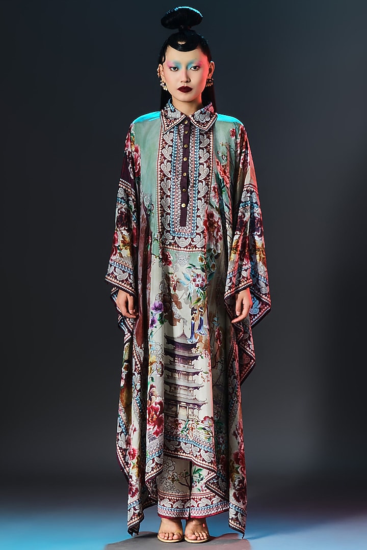 Beige Silk Printed Boxy Kaftan by Rajdeep Ranawat at Pernia's Pop Up Shop