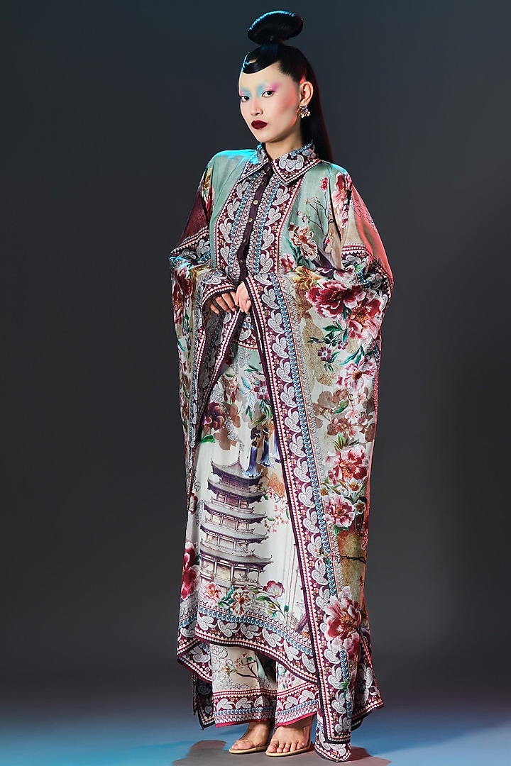 Beige Silk Printed Boxy Kaftan by Rajdeep Ranawat at Pernia's Pop Up Shop