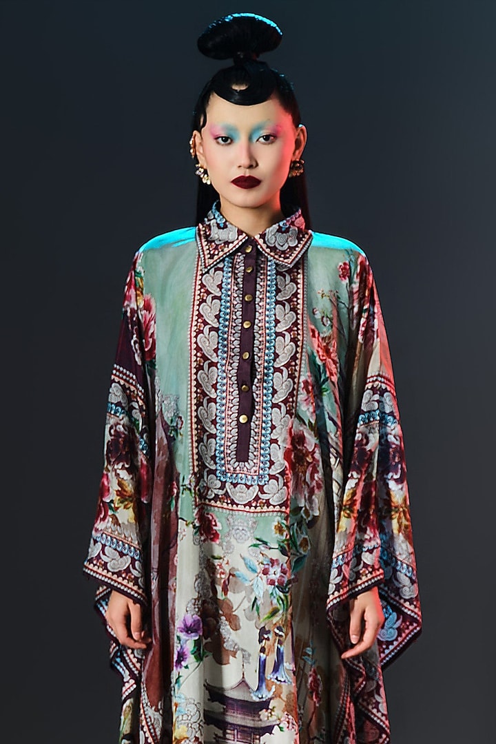 Beige Silk Printed Boxy Kaftan by Rajdeep Ranawat at Pernia's Pop Up Shop