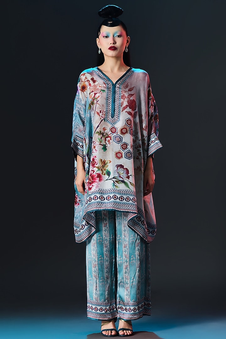 Brick & Aqua Silk Printed Tunic Set by Rajdeep Ranawat at Pernia's Pop Up Shop