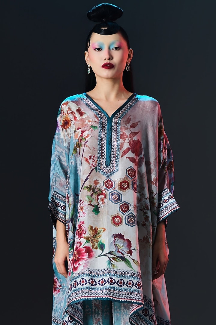 Brick & Aqua Silk Printed Tunic Set by Rajdeep Ranawat at Pernia's Pop Up Shop
