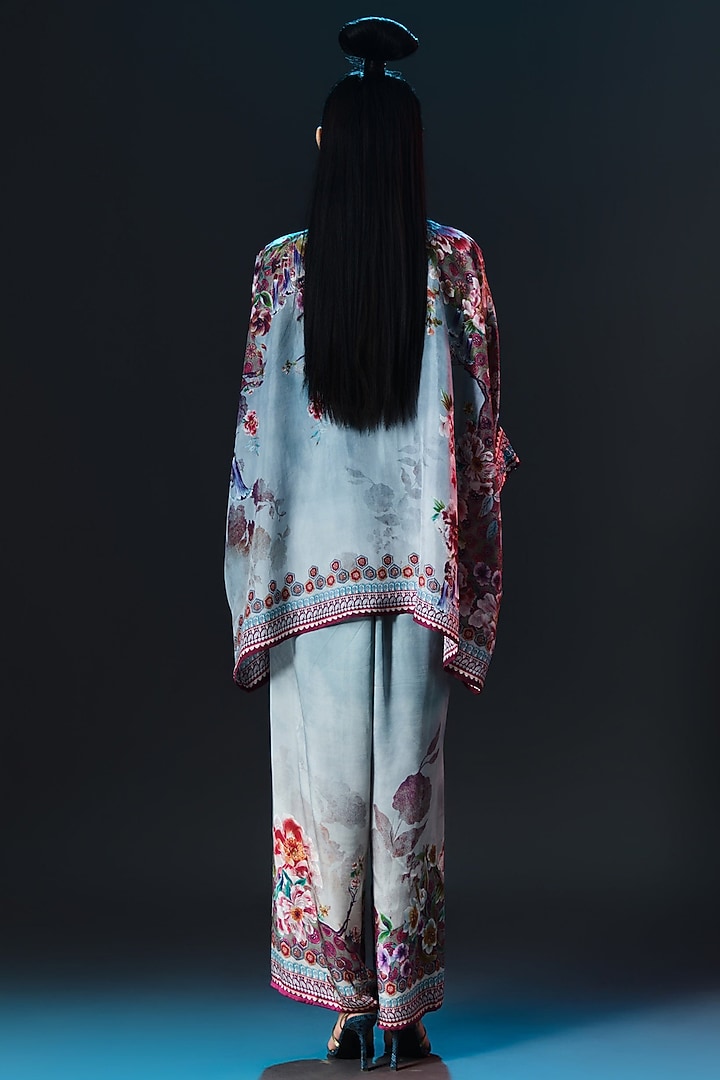 Slate Blue Silk Printed & Embroidered Tunic Set by Rajdeep Ranawat at Pernia's Pop Up Shop